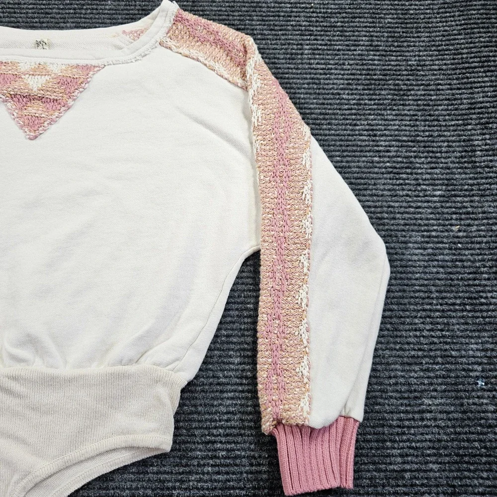 Free People Bodysuit Womens Small Off White Knitted Balloon Sleeve Round Neck